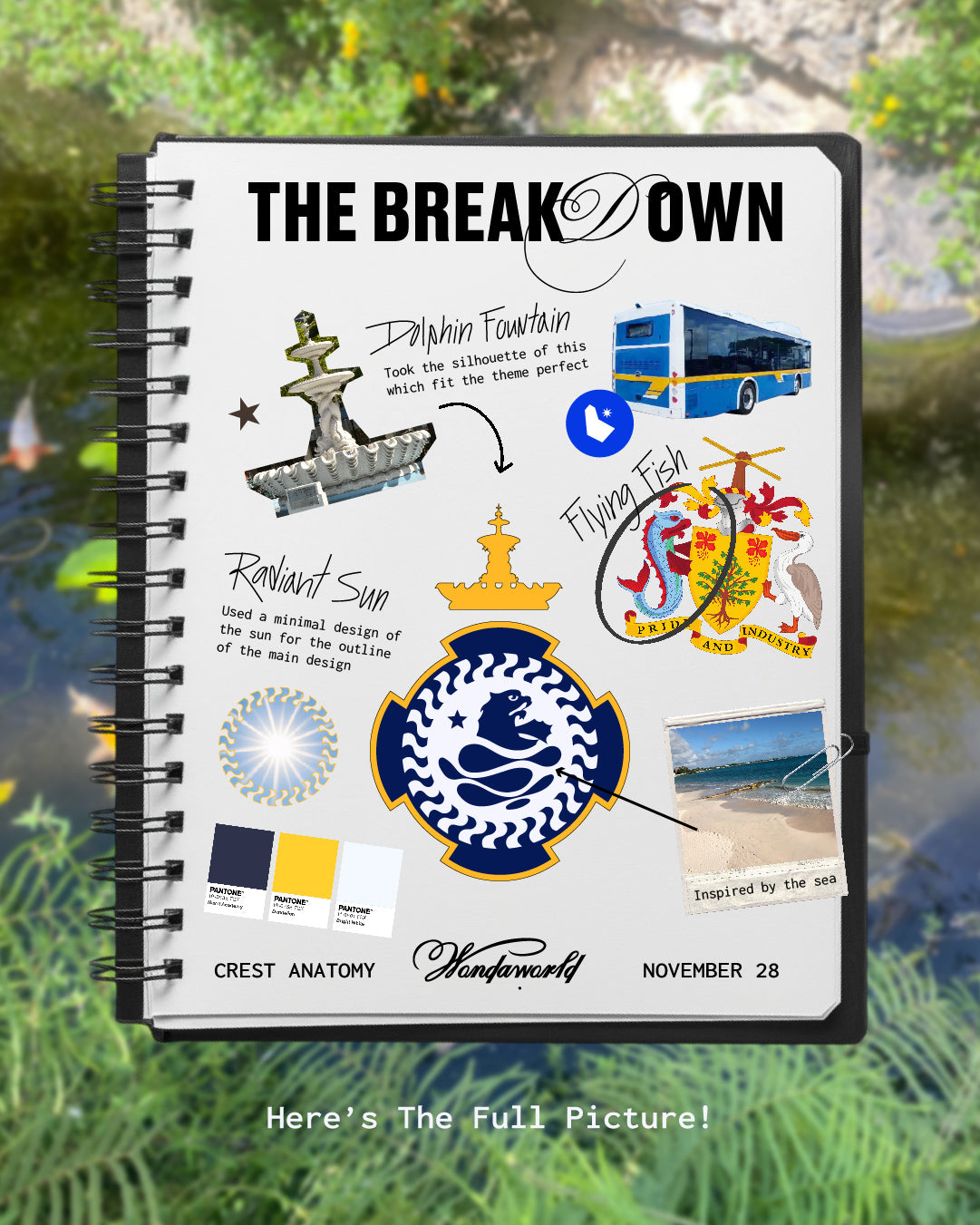 Notebook titled 'The Breakdown' with design elements on a natural background